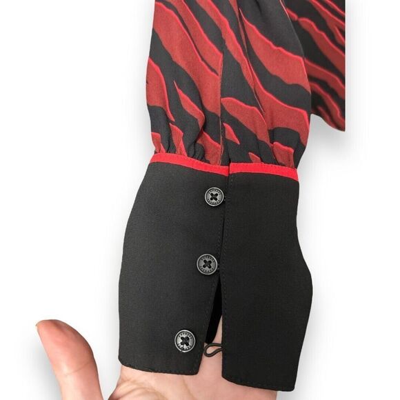 Express S Red Black Zebra Print V-Neck Blouse Long Sleeve Button Cuff Top Y2K - Picture 10 of 11